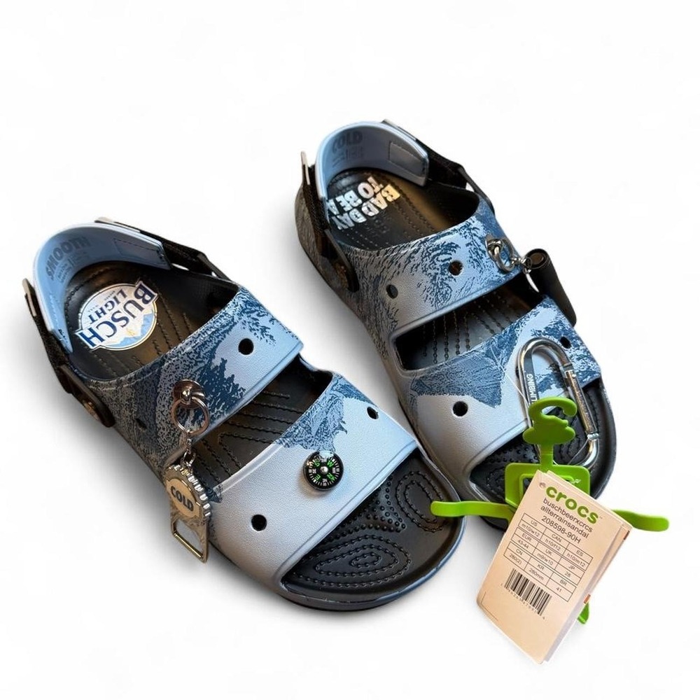 Crocs Mens 10 Blue Busch Light All-Terrain Sandal Beer Bottle Opener Shoes